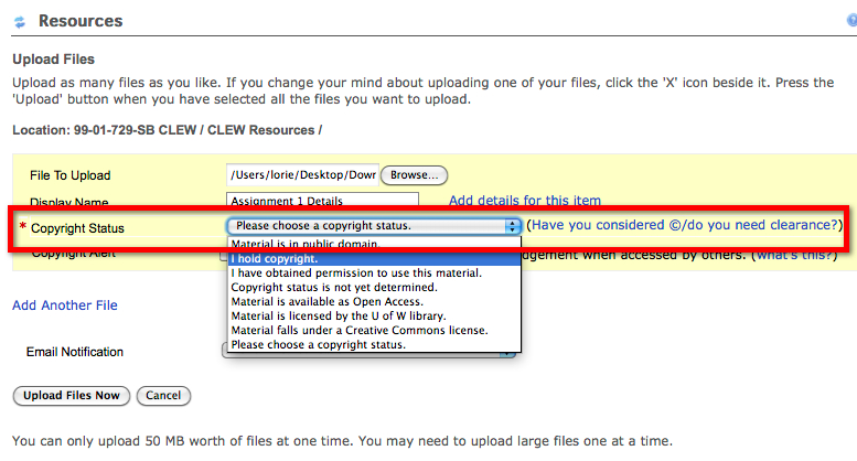 Copyright Selection Options Mandatory