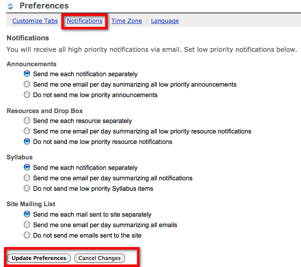 Preferences Notifications Options
