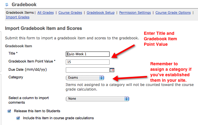 Importing a new item from Gradebook  dock and categorizing it