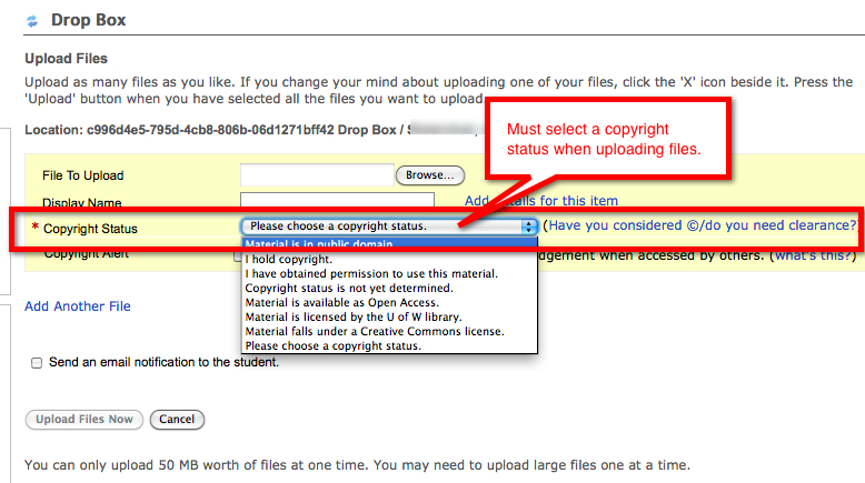 Drop Box Copyright Status Selection Options