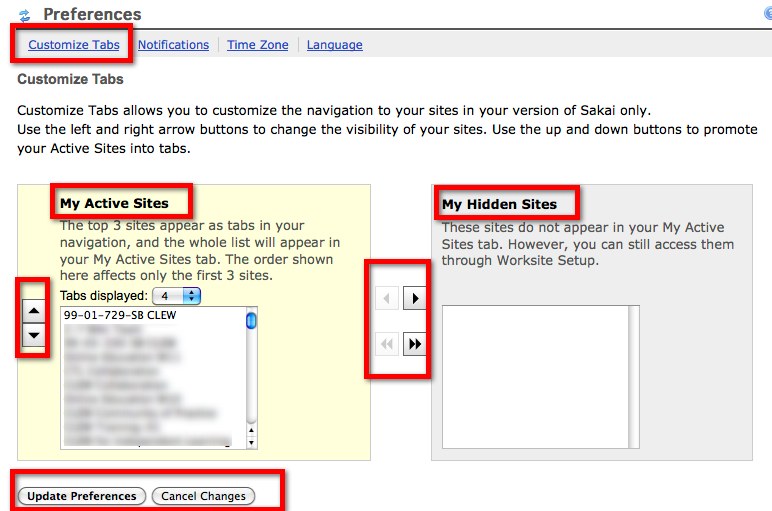 Preferences Customize Tabs options