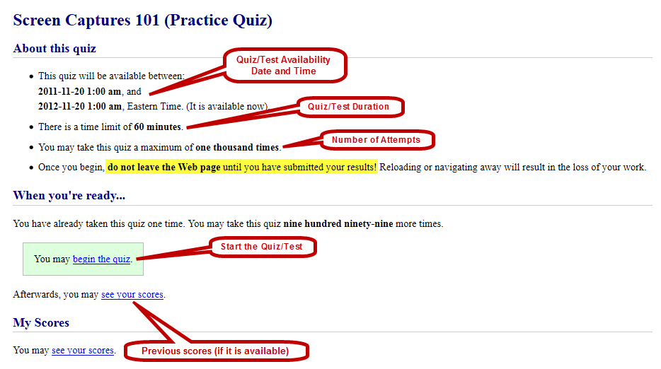 Quizzes & Tests Start Page