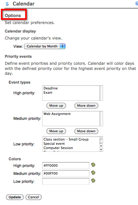 Set My Workspace Calendar Display options