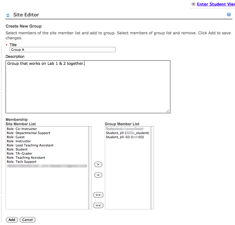 To add an individual to a group click their name or role on the left, then the ">" arrow