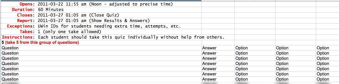 Quizzes & Tests Template Spreadsheet