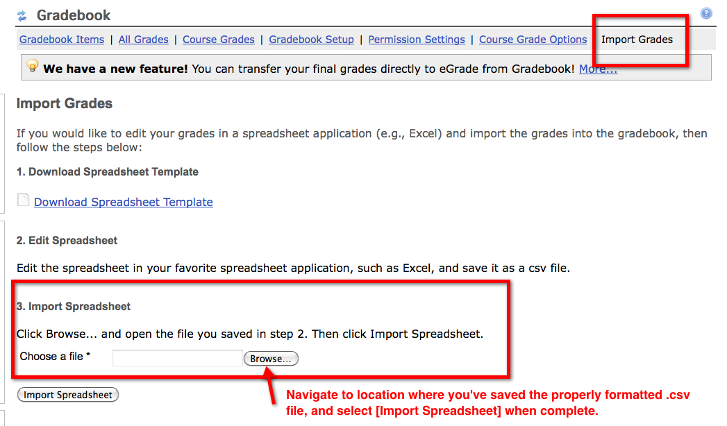 Import Grades, Import Spreadsheet option