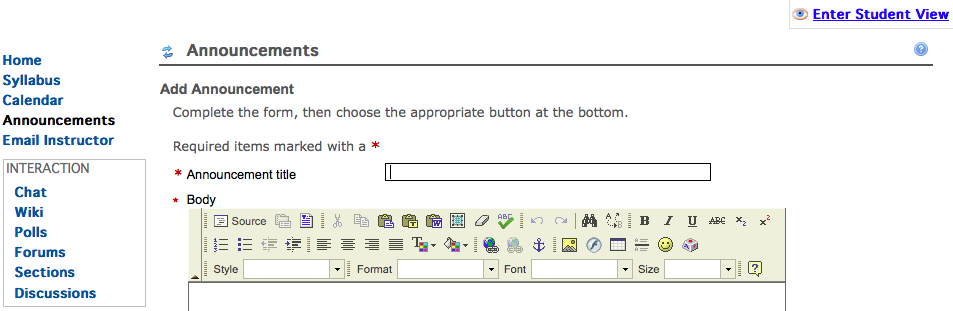 Screen Shot of Announcements Tool