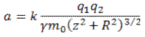 a = kq1q2z / [GAMMA*mo (z2 + R2)3/2]