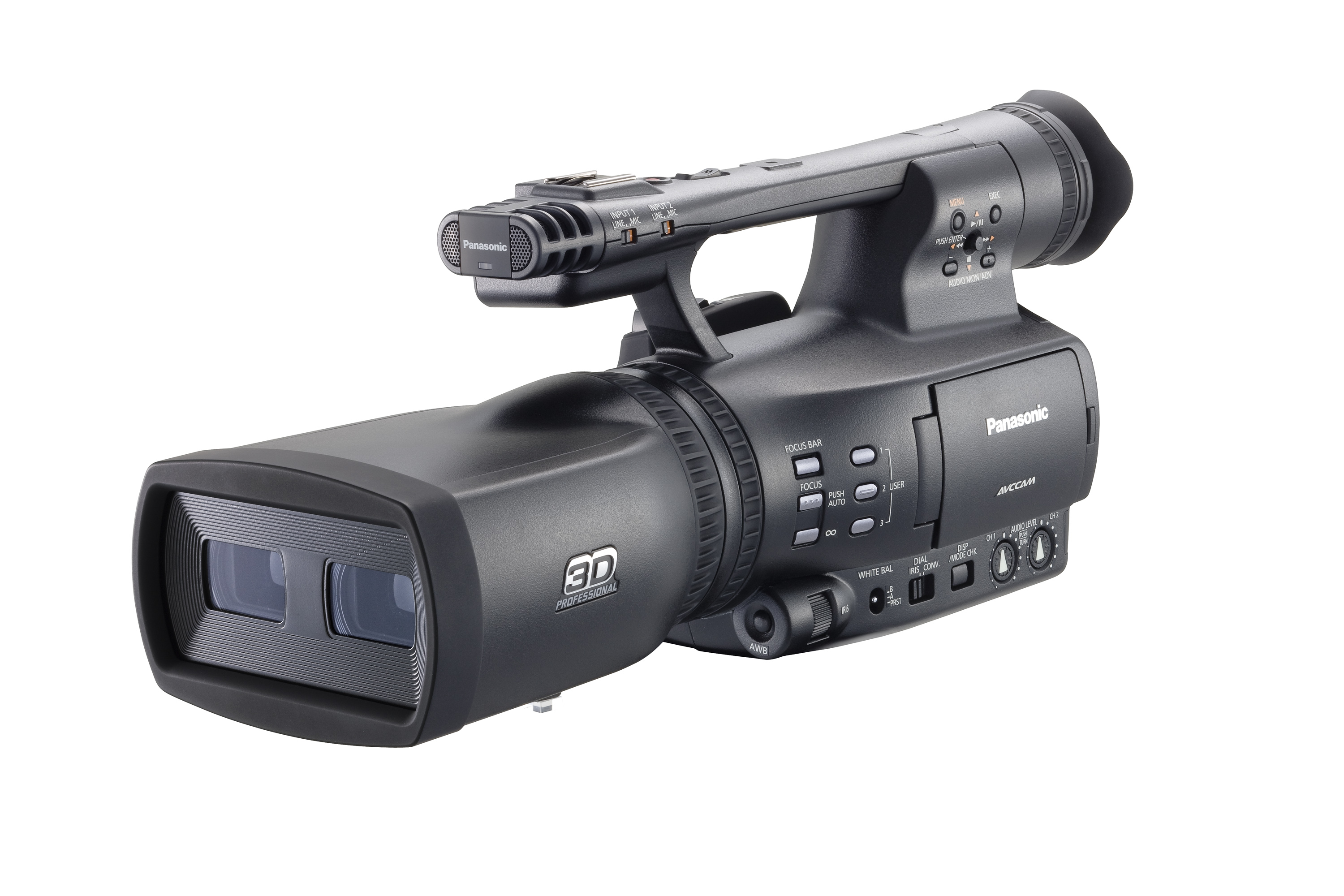 [Image of Panasonic AG-3DA1 3D video camera, distinct from standard video cameras by having two lenses to capture two images.]
