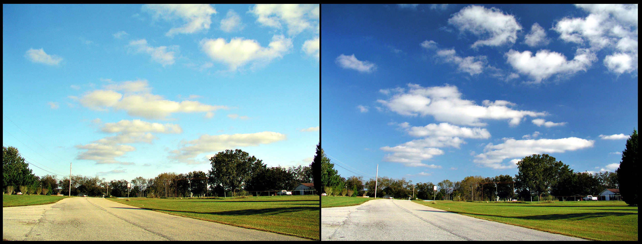 [Two photographs of the same scene, one with a polarized filter, dimming the photograph and enhancing contrast.[1]]