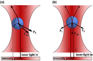 Stable optical levitation in the highest intensity region of a laser beam; laser light in; intensity profile; force diagram.