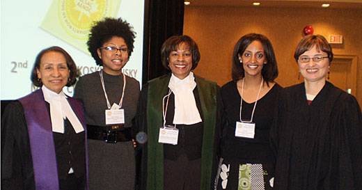 Justice Valerie Miller (left), Justice Corrine Sparks (centre), and Justice Jean Whalen (right)—greet Windsor law students Qadira Jackson and Lily Tekle at the BLSAC national convention in Halifax