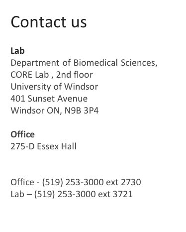 Contact us

Lab
Department of Biomedical Sciences, CORE Lab , 2nd floor      
University of Windsor
401 Sunset Avenue 
Windsor ON, N9B 3P4

Office
275-D Essex Hall 

aswan@uwindsor.ca
Office - (519) 253-3000 ext 2730
Lab – (519) 253-3000 ext 3721

